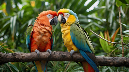 Obraz premium Two parrots are sitting on a branch, one is yellow and the other is red