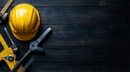 Fototapeta premium Yellow Hard Hat and Tools on Black Wooden Background