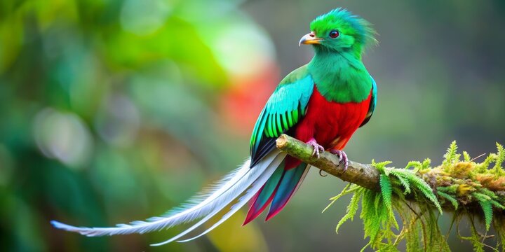 Vibrant feathers of a Resplendent Quetzal bird shine against a clean isolated background, showcasing emerald greens, crimson reds, and iridescent blues in stunning detail.