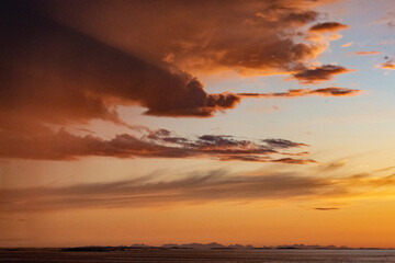 Dramatic colorful evening sky during the midnight sun in the Lofoten, Northern Norway
