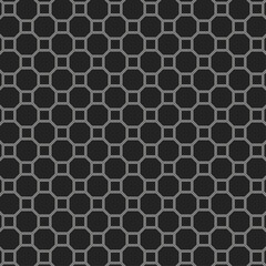 Seamless geometric pattern consisting of octagonal and square shapes arranged symmetrically and repeating on a black background. Digital design for textile prints, tiles, wallpaper, backgrounds, etc.