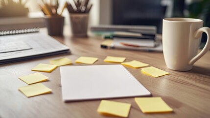 Yellow sticky notes surrounding the white blank mousepad on a neatly arranged desk, along with a coffee mug and a calendar, portraying an organized workspace.