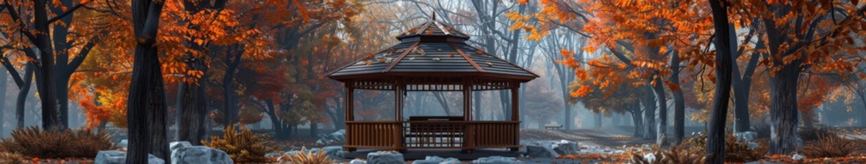 Cozy Terrace with Open Roof, Constructed of Natural Wood and Stone Blocks, Nestled in the Heart of an Exquisitely Designed Outdoor Living Space Featuring Autumn Foliage.