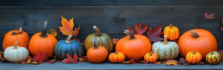 Assorted Autumn Pumpkins with Fall Leaves on Wood