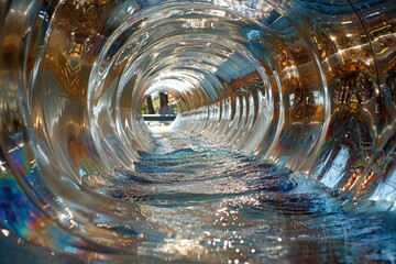 A thrilling water slide tunnel has flowing water for an exhilarating experience