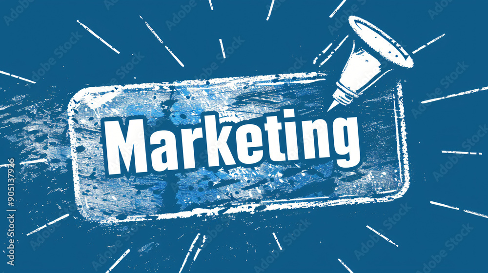 Aufkleber stamping marketing word on blue background with copy space