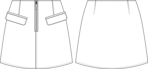 with welt pocket darted zippered mini short a line  skirt template technical drawing flat sketch cad mockup fashion woman design style model
