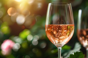 Sparkling Rosé Wine in Elegant Glass Set Against Glowing Garden Background During Sunset