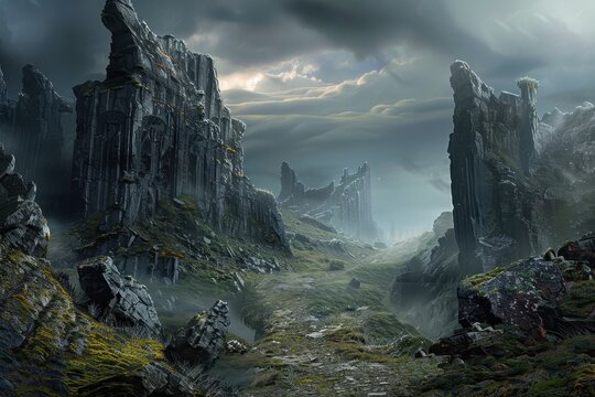 Mysterious Rocky Landscape with Ancient Ruins