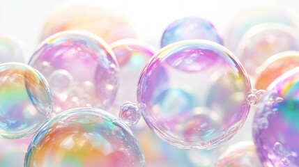 Multicolored soap bubbles on a white background, featuring bright and reflective surfaces.
