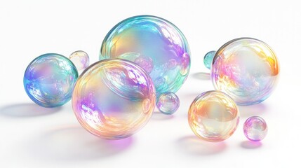 Multicolored soap foam bubbles on white, featuring iridescent and reflective surfaces.