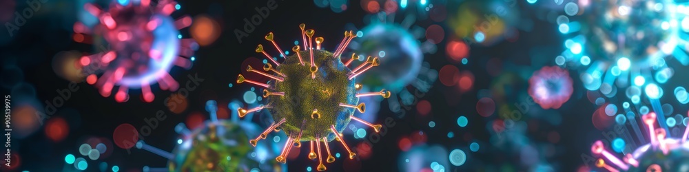 Sticker Cell virus with various corona spike in colourful epidemic affecting biology and flu science.