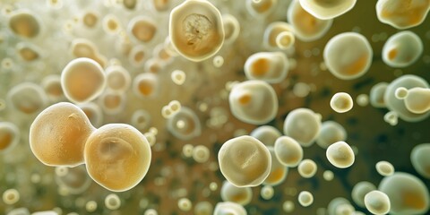 Microscopic cells with nucleus and membrane, illustrating medicine and disease research in biology science.