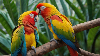 Two parrots are sitting on a branch, one is yellow and the other is red