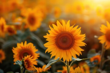 Obraz premium A Single Sunflower in a Field of Blooming Sunflowers