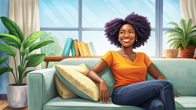 This smiling woman relaxes on her couch, soaking in the joy and excitement of her new apartment.