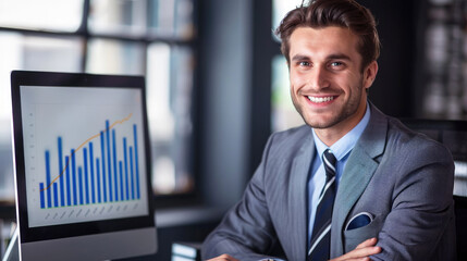 Young businessman smiling contentedly showing a graph of growing sales on a computer monitor. 