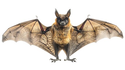 A large brown bat with outstretched wings, isolated on a white background.