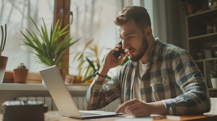 Young man on phone working on laptop at home office, multitasking with ease