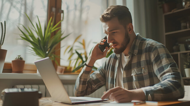 Young man on phone working on laptop at home office, multitasking with ease