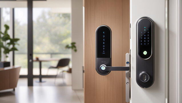 close-up of two smart door locks on a white door