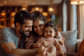 Young couple of Indian ethnicity having fun with their toddler daughter