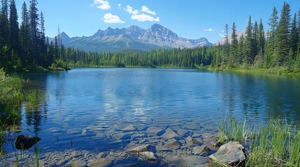 Fototapeta premium A serene scene of a body of water encircled by majestic pine trees, featuring a rugged rocky shoreline and prominent mountains in the backdrop