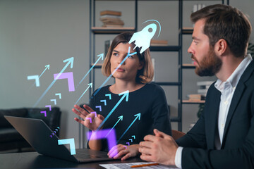 Business discussion with digital growth icons overlay.