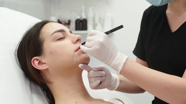Beauticians in white gloves mark the face of a young woman with a pencil, preparing to inject a rejuvenating facial filler. Injection beauty procedure