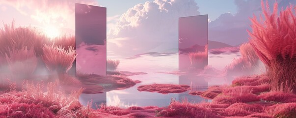 Surreal landscape with pink grass, mirrored pillars, and dreamlike scenery at sunset