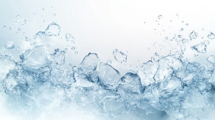 Close-up of ice cubes and water splashes against a white background.