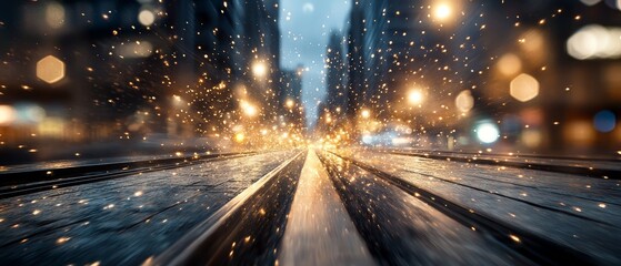 Rainy night street with blurred lights and reflections.