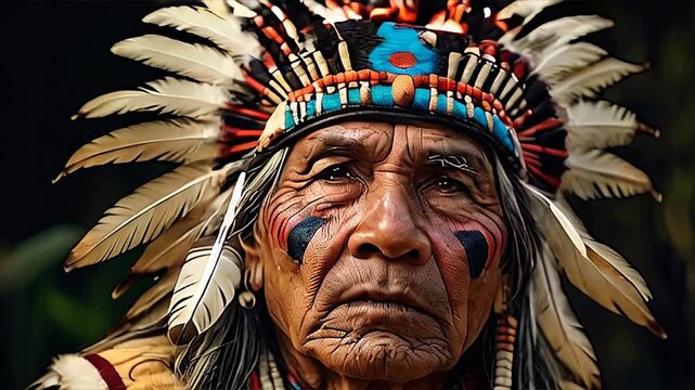 Extreme close-up of a native american chief with decorated headdress. Colorful feathers, strong personality and cultural concept.