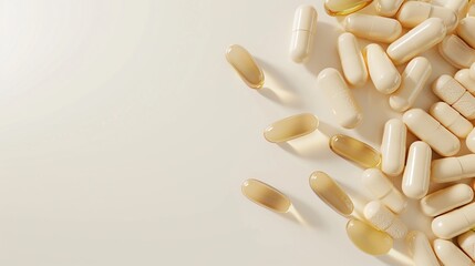   A cluster of capsules atop a pristine table beside a pill bottle