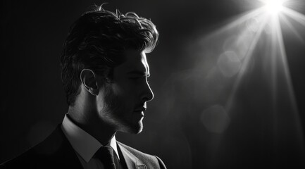 Fototapeta premium Profile of a Man in Formal Attire Against a Dramatic Light Source