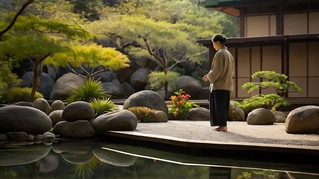 Meditative pose of a woman standind still in an eastern Japanese zen garden. Reflection and wellbeing concept.