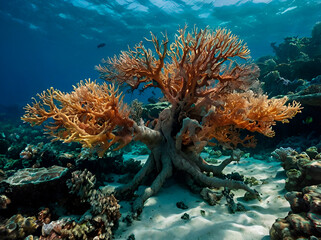 The delicate, almost lace-like roots of a tree growing on the edge of a vibrant coral reef.
