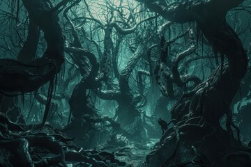 Eerie, twisting tree branches in a dark, foggy forest