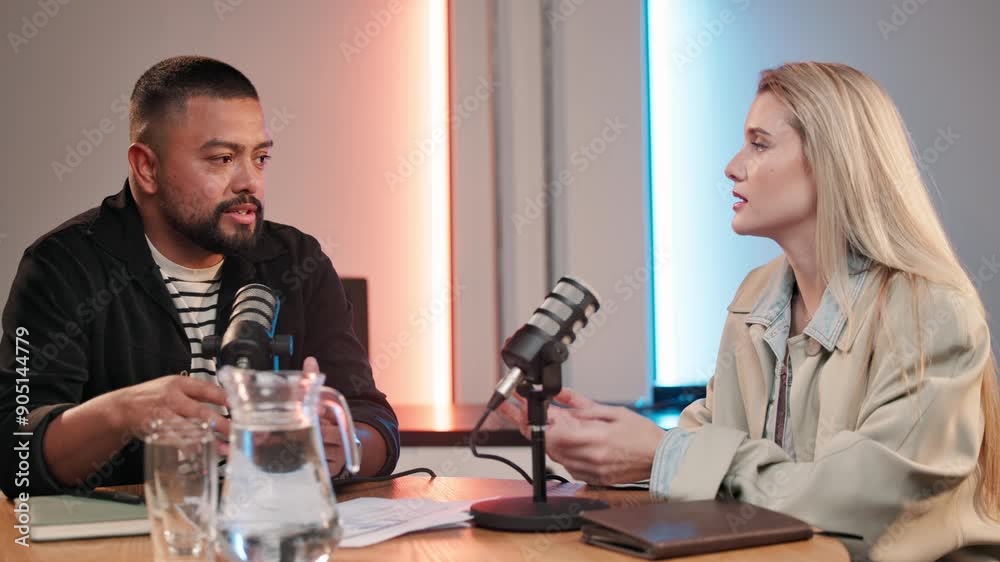 Poster podcast, interview and people with mic in discussion for broadcast, recording and guest on talk show