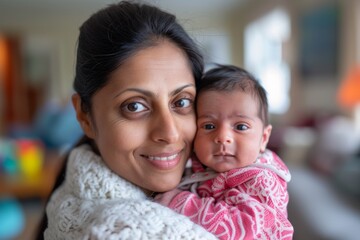 Young Indian woman holding a newborn baby in her hand	