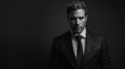 Fototapeta premium Stylish Man in Formal Suit Posing Against Dark Background