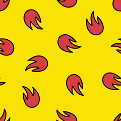 Hand Drawn Cute Cartoon Seamless Pattern with Fire. Flat Inferno Print in Doodle Style. New Idea or Startup. Danger Caution. Adventure, Hiking background, Wrapping or Wallpaper.