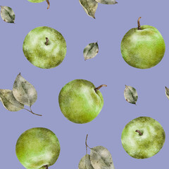 Seamless pattern of fresh green apples with leaves. Food texture. Repeating red, juicy apples whole. Watercolor Illustration fruit for juice pack, tablecloth, cover, apron, apple picking or food
