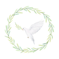 Watercolor white dove and olive branches. White birds in laurel wreath. Pigeon clip art. Hand drawn illustration isolated on background. Decorative design elements
