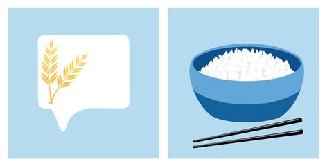 Rice or wheat icon sign and rice bowl with chopsticks on blue background vector. Cute cartoon food.