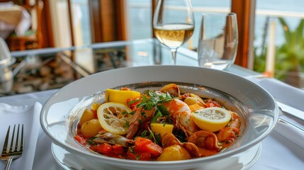 Pasta con mariscos, papas y rodajas de limón en un plato con una copa de vino blanco.