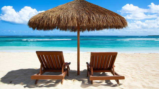 Two wooden beach chairs sit under a palapa umbrella on a sandy beach, facing the turquoise ocean and a clear blue sky.
