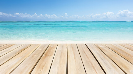 Fototapeta premium A serene view from a wooden deck overlooking a pristine tropical beach with turquoise waters and a clear blue sky. 
