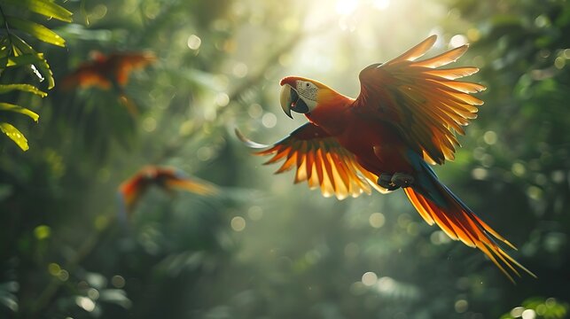A dynamic scene of parrots flying through a rainforest, their colorful feathers contrasting with the dense foliage. The bright midday light filters through the trees, highlighting the birds in motion.