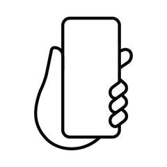 Hands holding mobile phones outline icon. Fingers touching, tapping, scrolling smartphone screens, using applications. People handling cellphones. Flat vector illustration isolated on white background